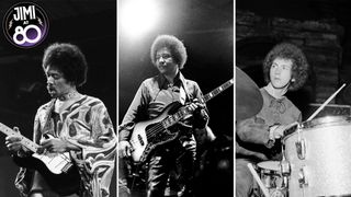  (from left) Jimi Hendrix, Billy Cox and Mitch Mitchell, pictured onstage