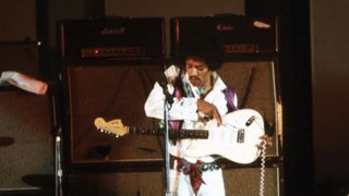 Jimi Hendrix performs onstage in September 1968.