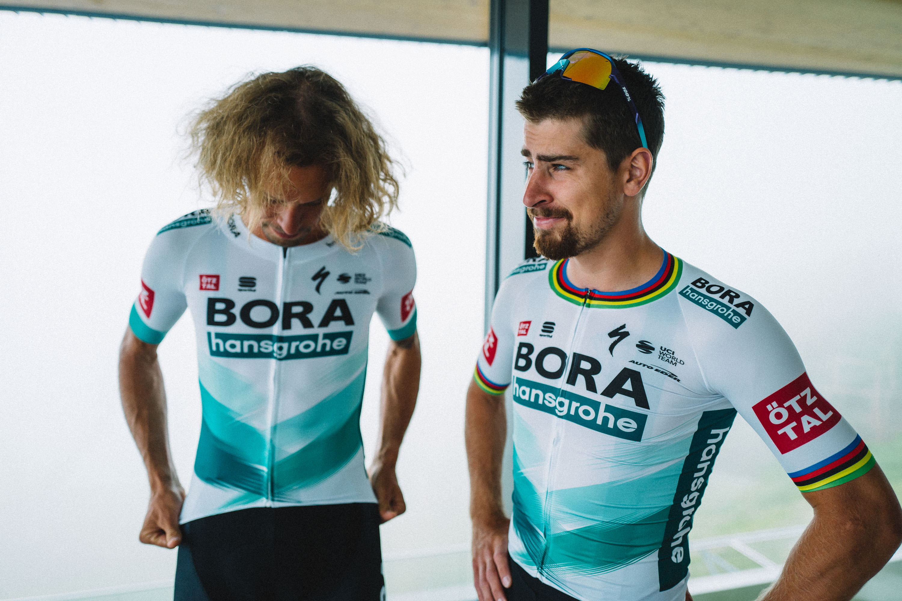 Daniel Oss and Peter Sagan show off the new Bora-Hansgrohe kit for the Tour de France