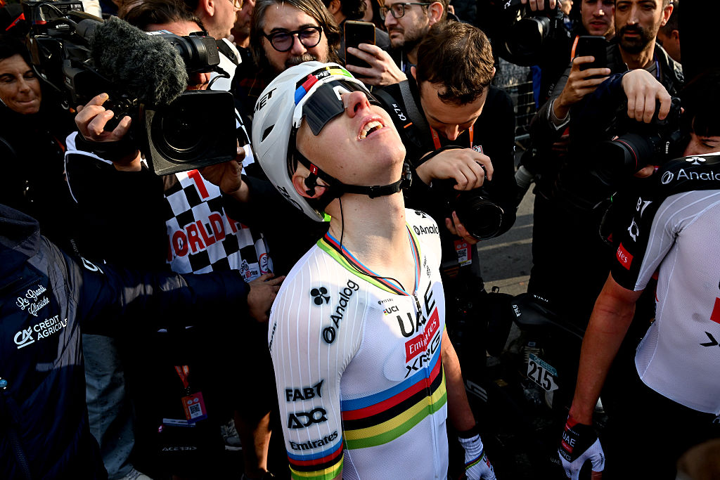 SANREMO, ITALY - MARCH 21: (EDITORS NOTE: Image has been converted to black and white.) Race winner Tadej Pogacar of Slovenia and UAE Team Emirates - XRG reacts after the 117th Milano-Sanremo 2026, Men&amp;apos;s Elite a 298km one day race from Pavia to Sanremo / #UCIWT / on March 21, 2026 in Sanremo, Italy. (Photo by Dario Belingheri/Getty Images)