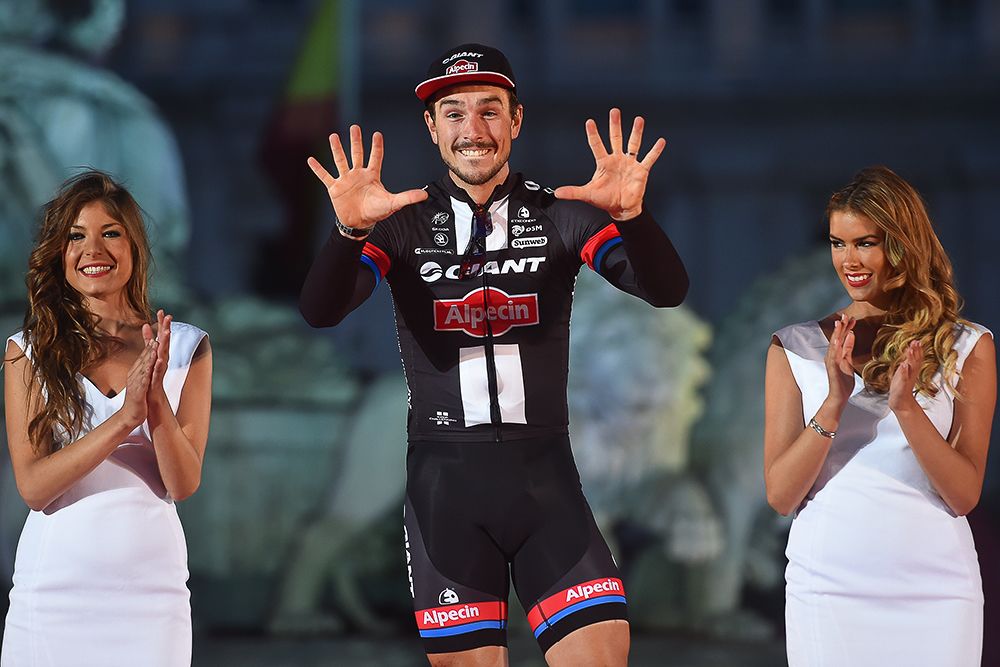 John Degenkolb on the stage 21 podium of the 2015 Vuelta a Espana.