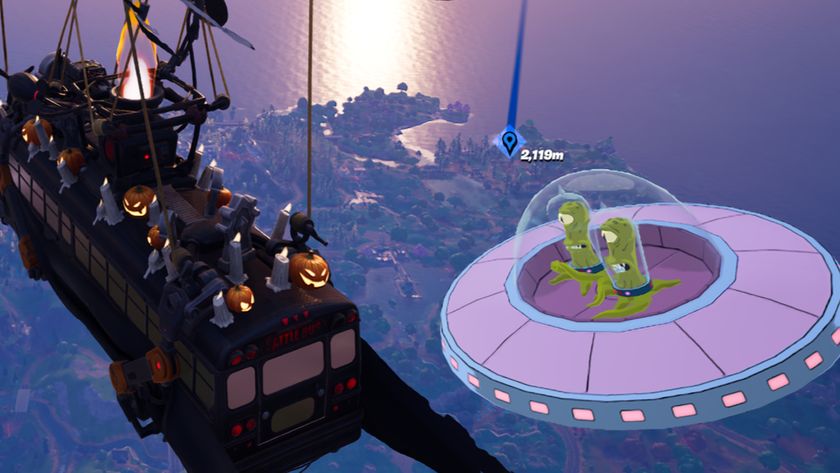 Simpsons aliens Kang and Kodos floating near the Fortnite battle bus.