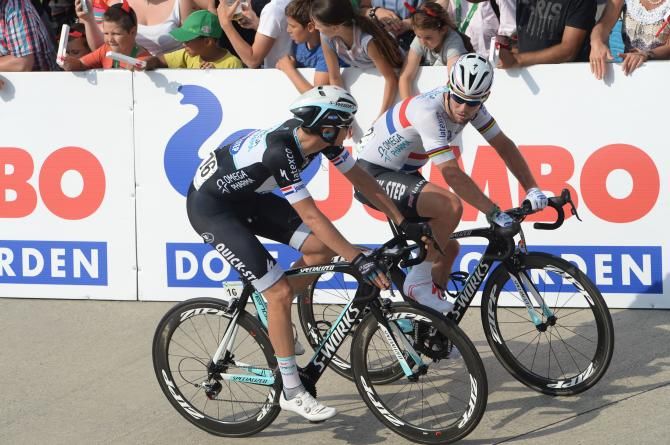 Mark Cavendish and Niki Terpstra chat as they cross the line