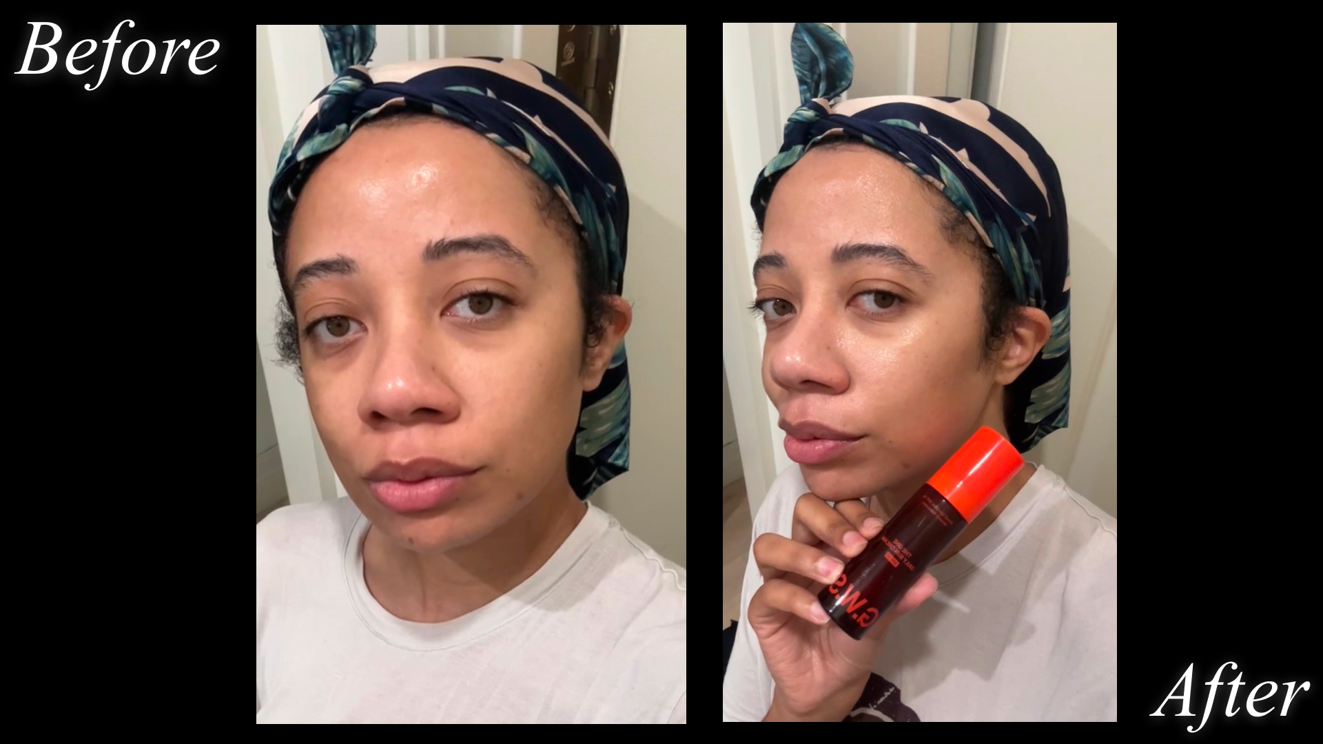 a woman with glowing skin in a floral headwrap and white t-shirt