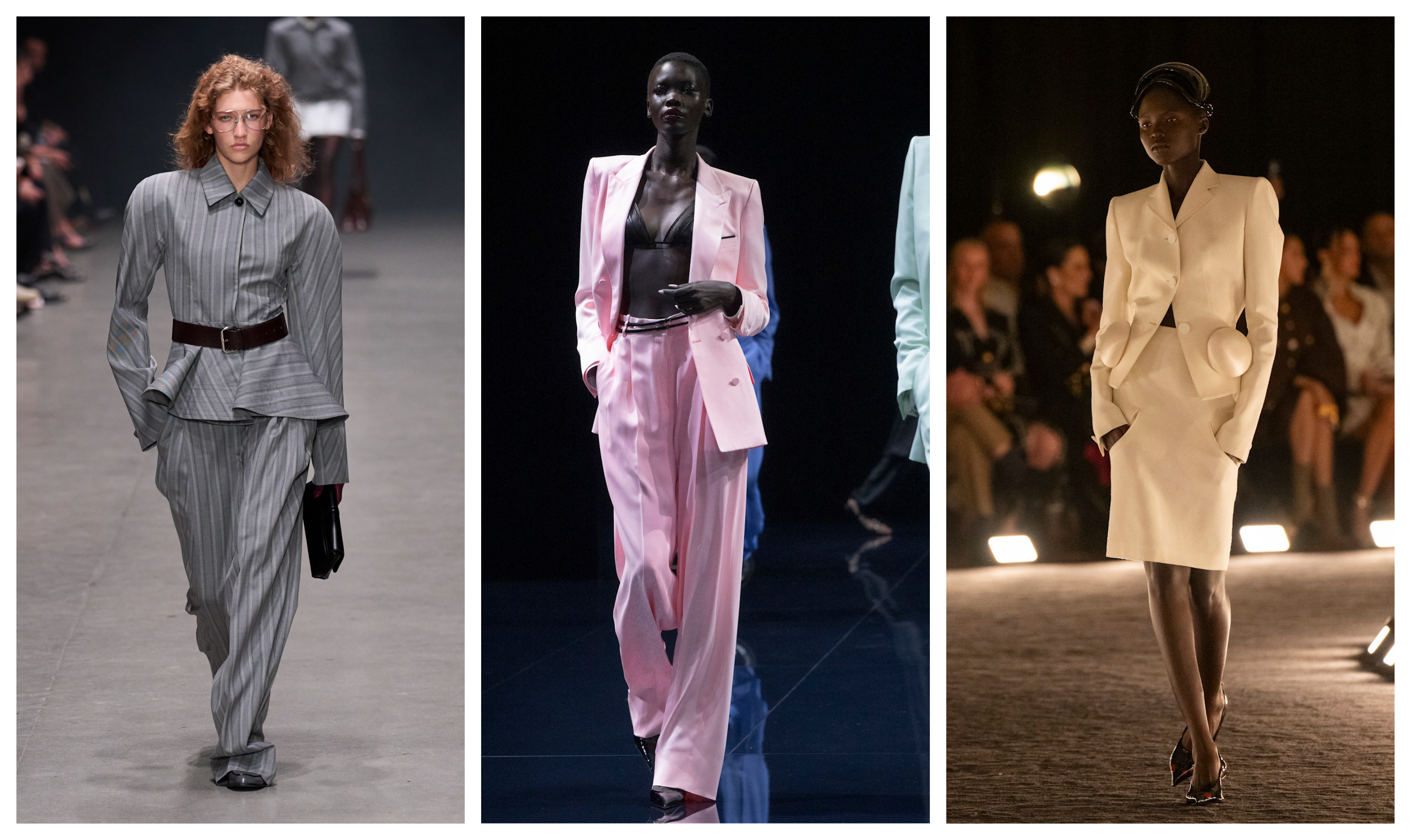 three models wearing 80s inspired suits at paris fashion week