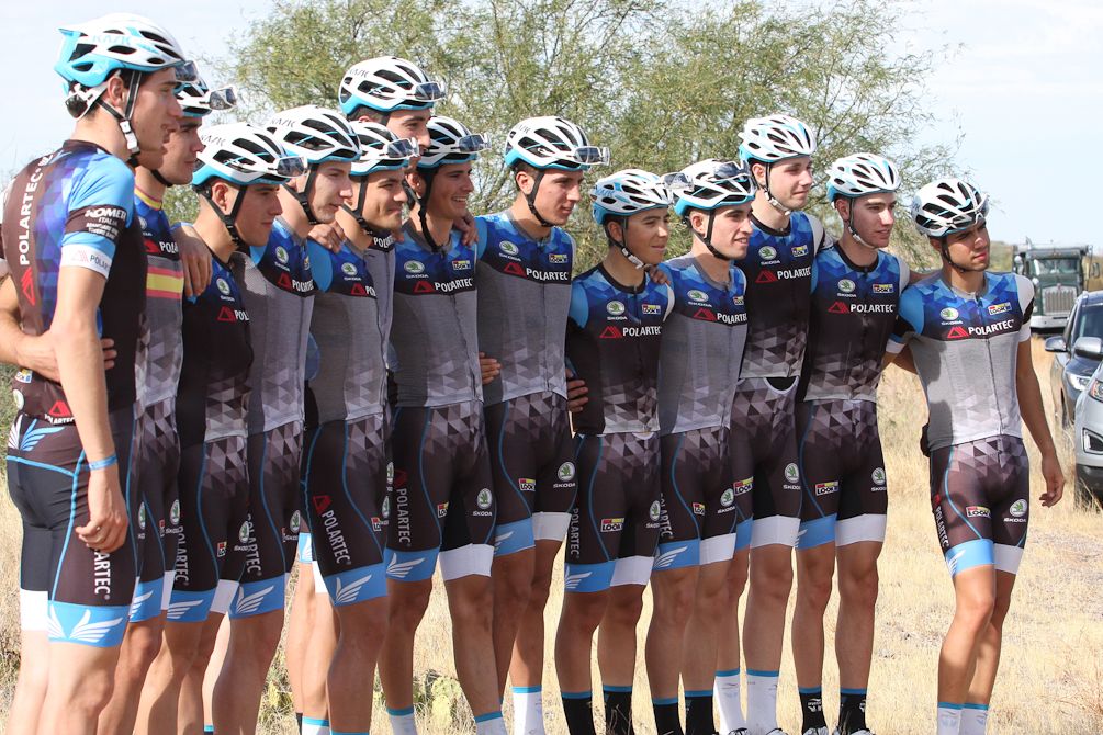 Polartec-Kometa riders stop for a photo on the first day of the Tucson training camp.