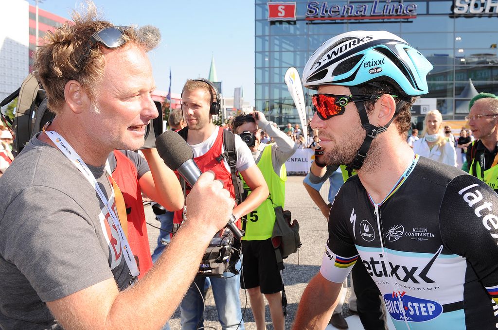 Mark Cavendish is interviewed pre-race