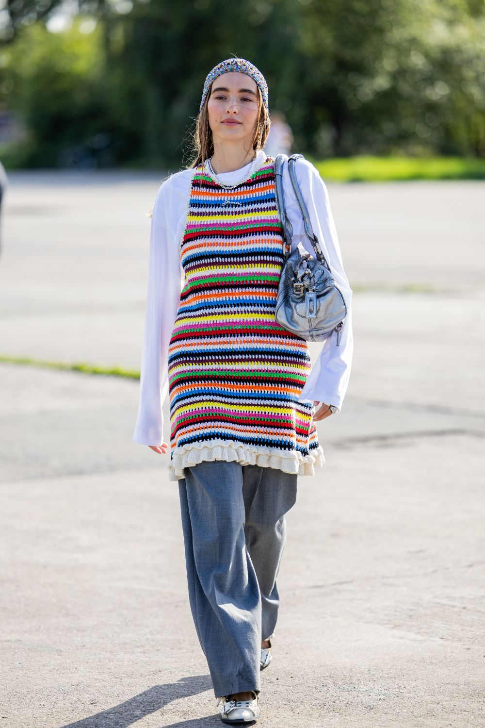 Stripe Trend Copenhagen Fashion Week SS26 Street Styler wearing crochet dress and trousers