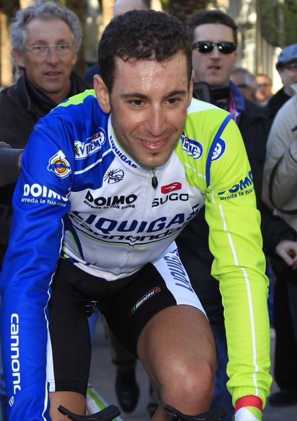 A smiling Vincenzo Nibali (Liquigas-Cannondale) heads for the podium.
