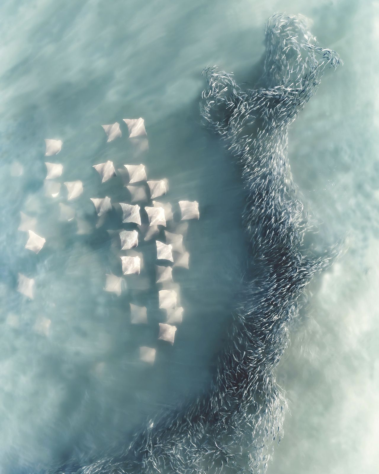 An aerial view of a swirling school of fish near white rectangular objects on a shimmering turquoise sea
