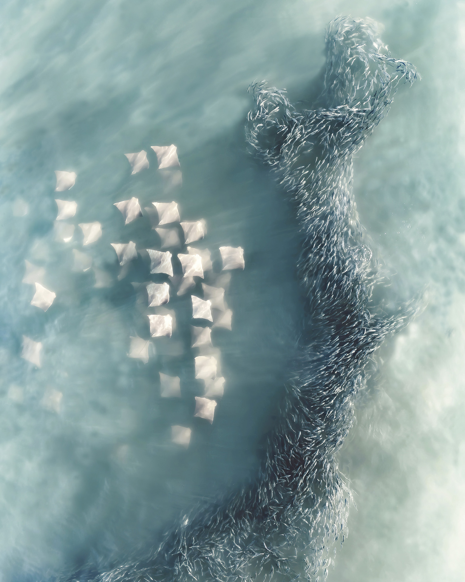 An aerial view of a swirling school of fish near white rectangular objects on a shimmering turquoise sea