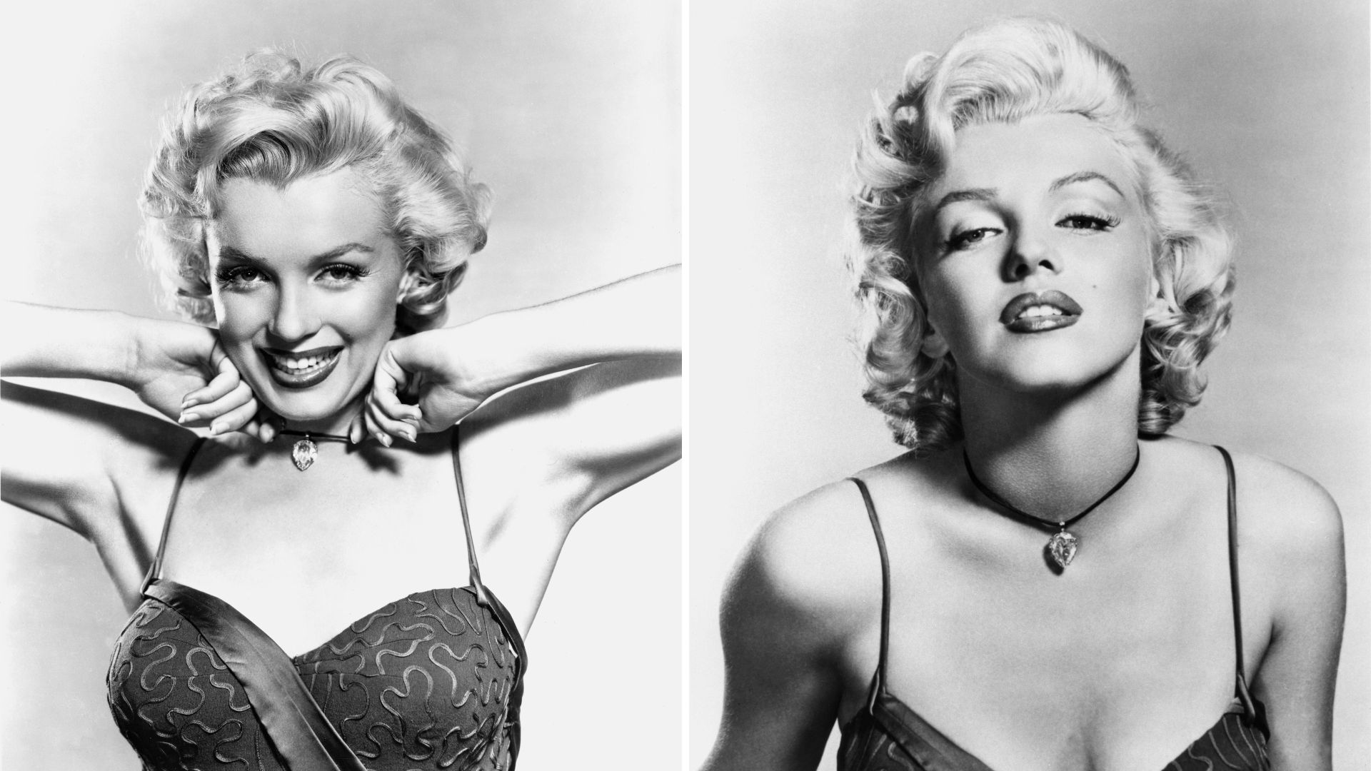 Two photos of Marilyn Monroe wearing the Moon of Baroda
