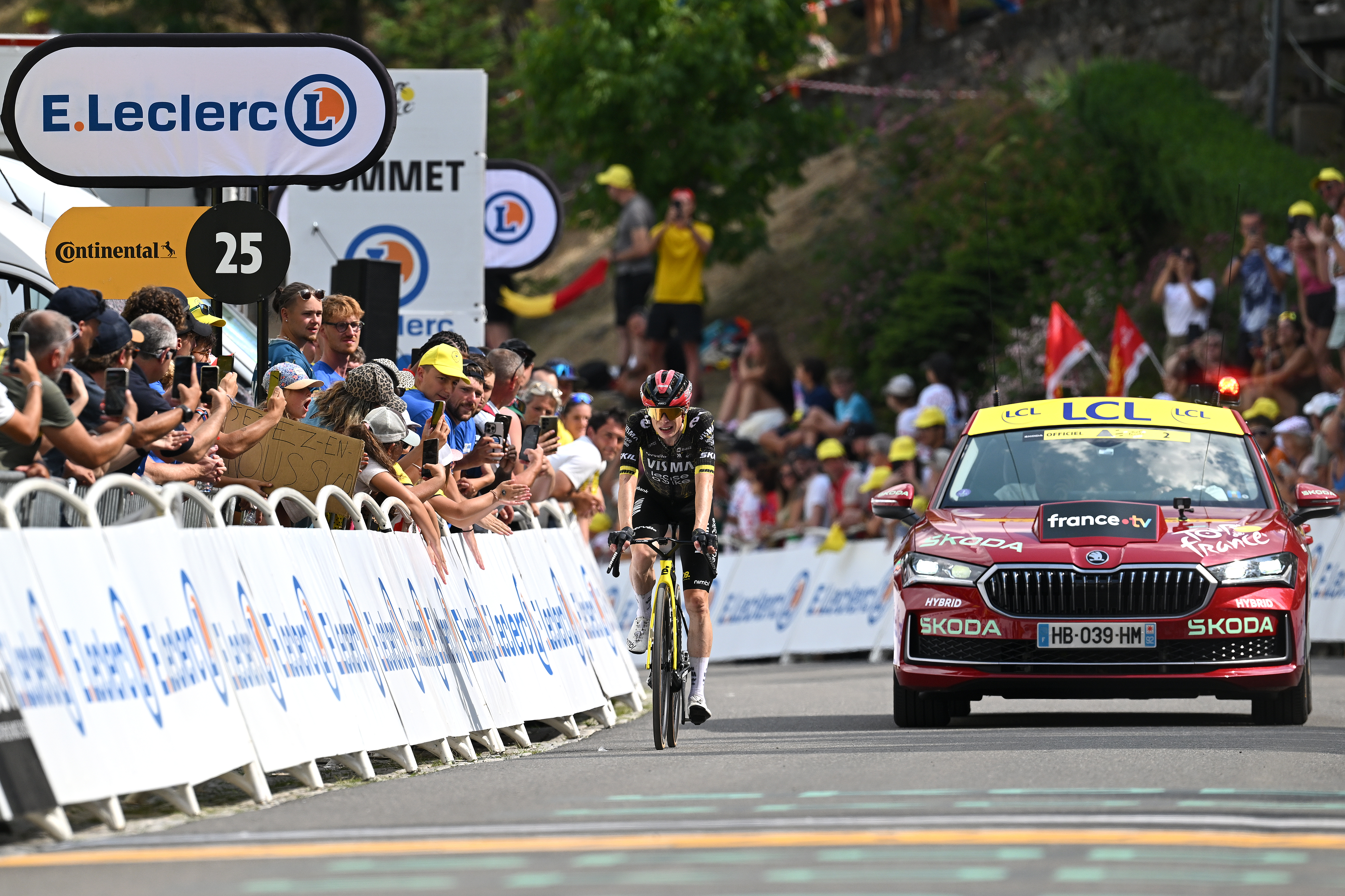 Jonas Vingegaard crosses the finish line on stage six of the 2026 Tour de France in second