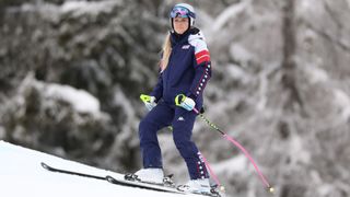 Lindsey Vonn of Team United States inspects the course prior to the Women's Downhill training on day zero of the Milano Cortina 2026 Winter Olympics at Tofane Alpine Skiing Centre on February 06, 2026 in Cortina d'Ampezzo, Italy. 