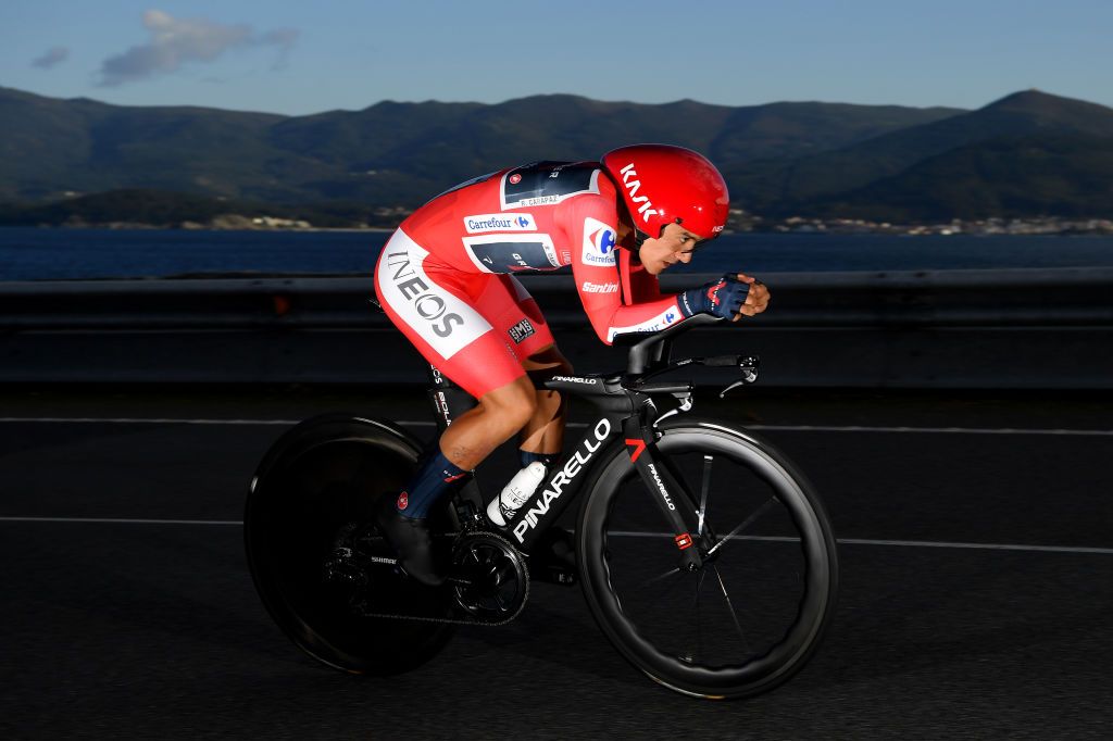 MIRADOR DE ZARO DUMBRA SPAIN NOVEMBER 03 Richard Carapaz of Ecuador and Team INEOS Grenadiers Red Leader Jersey during the 75th Tour of Spain 2020 Stage 13 a 337km Individual Time Trial stage from Muros to Mirador de zaro Dumbra 278m ITT lavuelta LaVuelta20 La Vuelta on November 03 2020 in Mirador de zaro Dumbra Spain Photo by Justin SetterfieldGetty Images