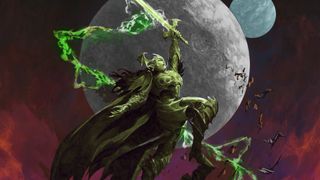 A vampiric woman wielding a glowing green sword and surrounded by bats holds the weapon high against the backdrop of twin moons