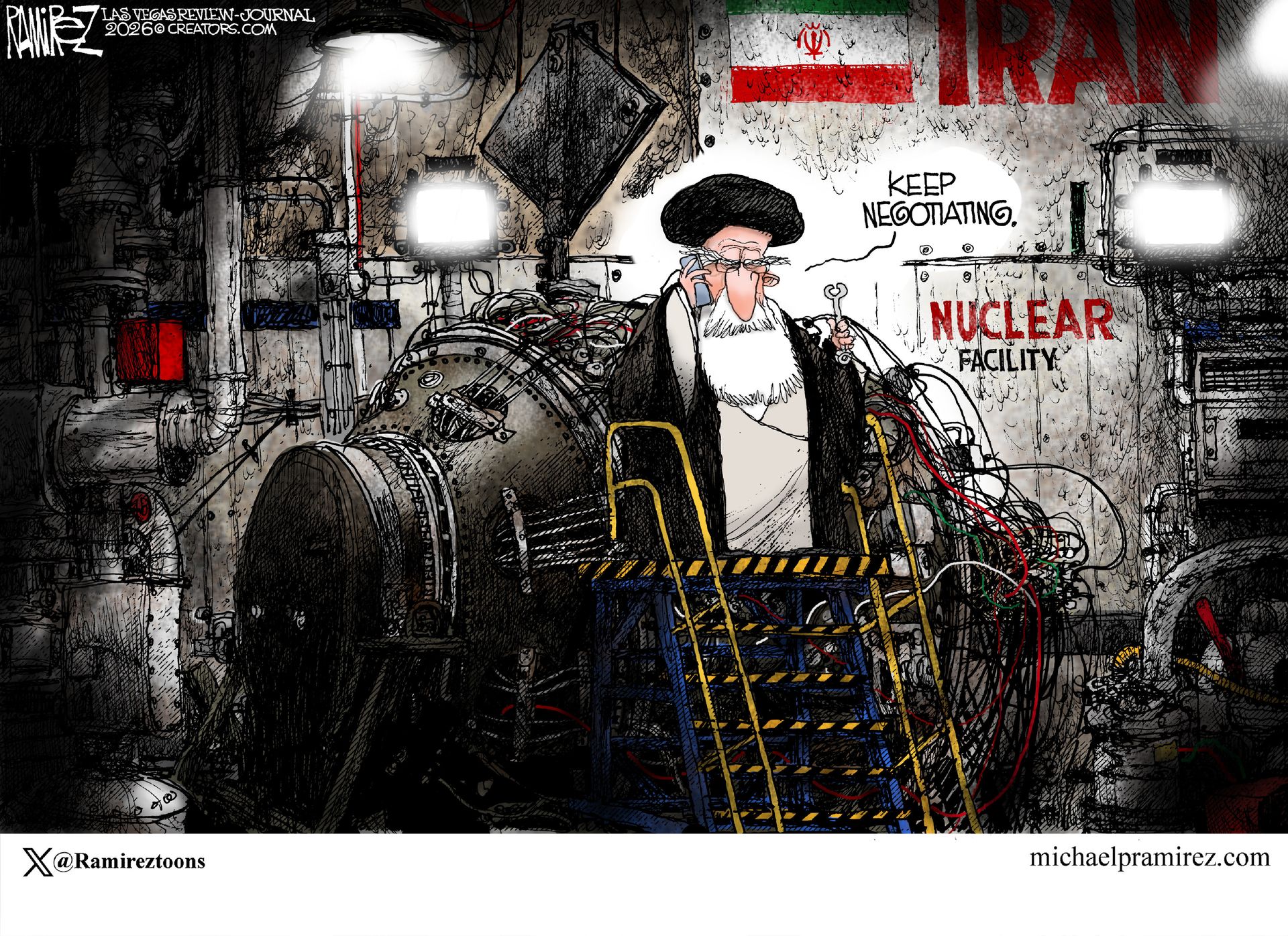 
                                A mean-looking Ayatollah holds a wrench as he stands inside a room labeled “Nuclear Facility.” An atomic bomb is behind him, partially assembled with many wires to be untangled. The ayatollah says, “Keep negotiating.”
                            