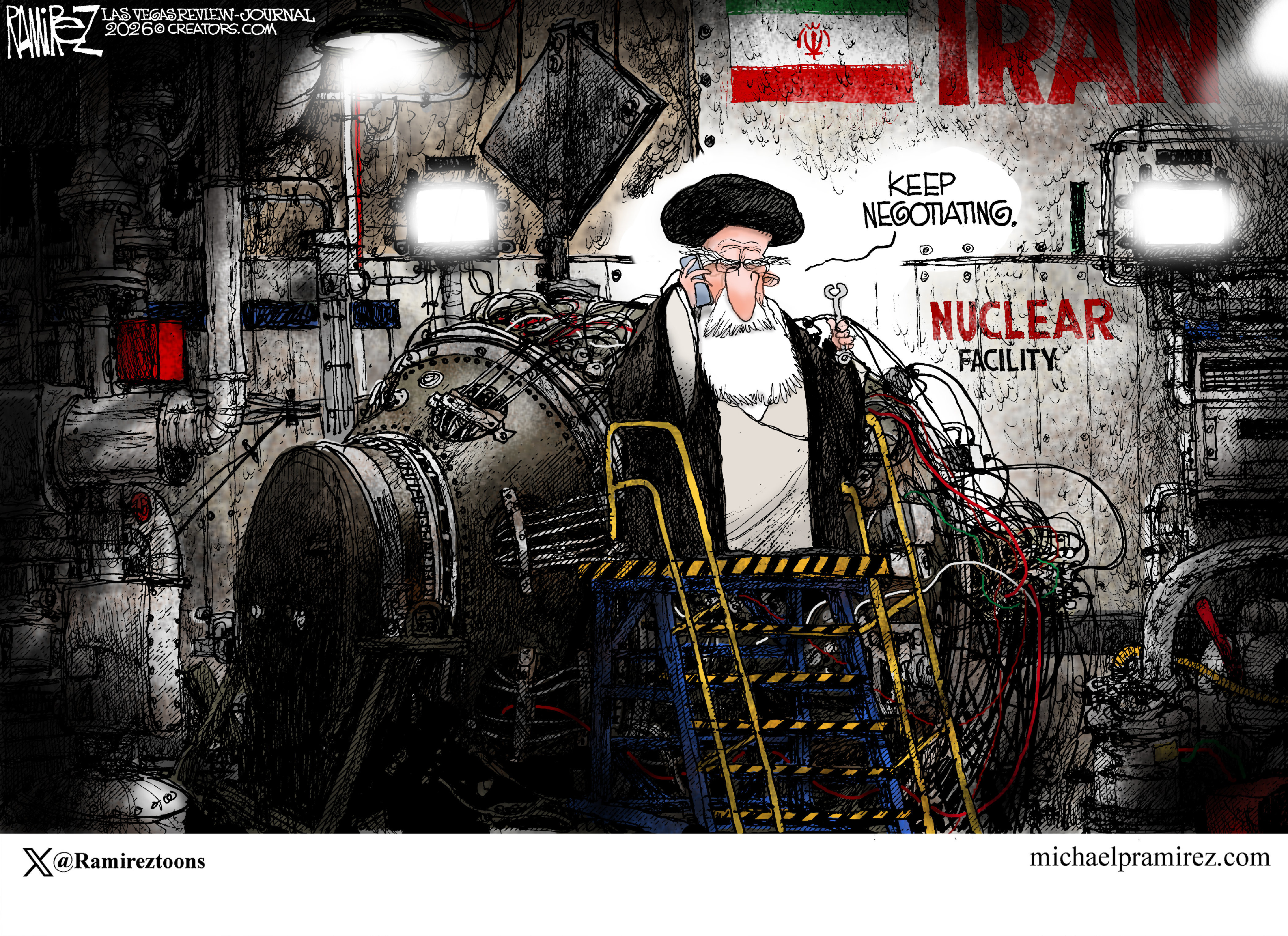 A mean-looking Ayatollah holds a wrench as he stands inside a room labeled &amp;ldquo;Nuclear Facility.&amp;rdquo; An atomic bomb is behind him, partially assembled with many wires to be untangled. The ayatollah says, &amp;ldquo;Keep negotiating.&amp;rdquo;