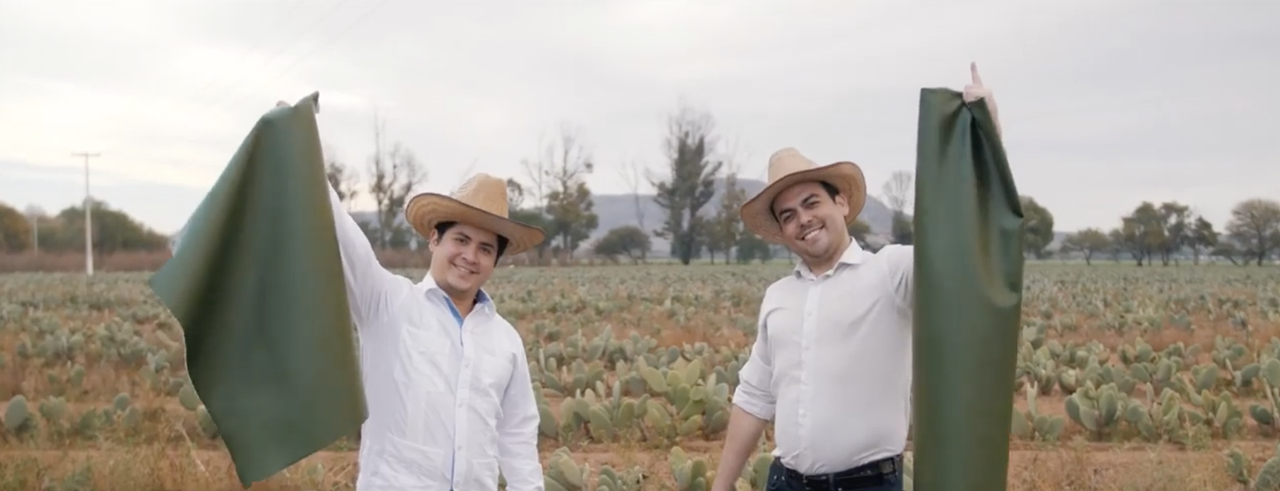 Adrián López Velarde and Marte Cázarez with their vegan leather.