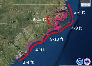 A National Hurricane Center graphic shows where significant storm surges are likely.