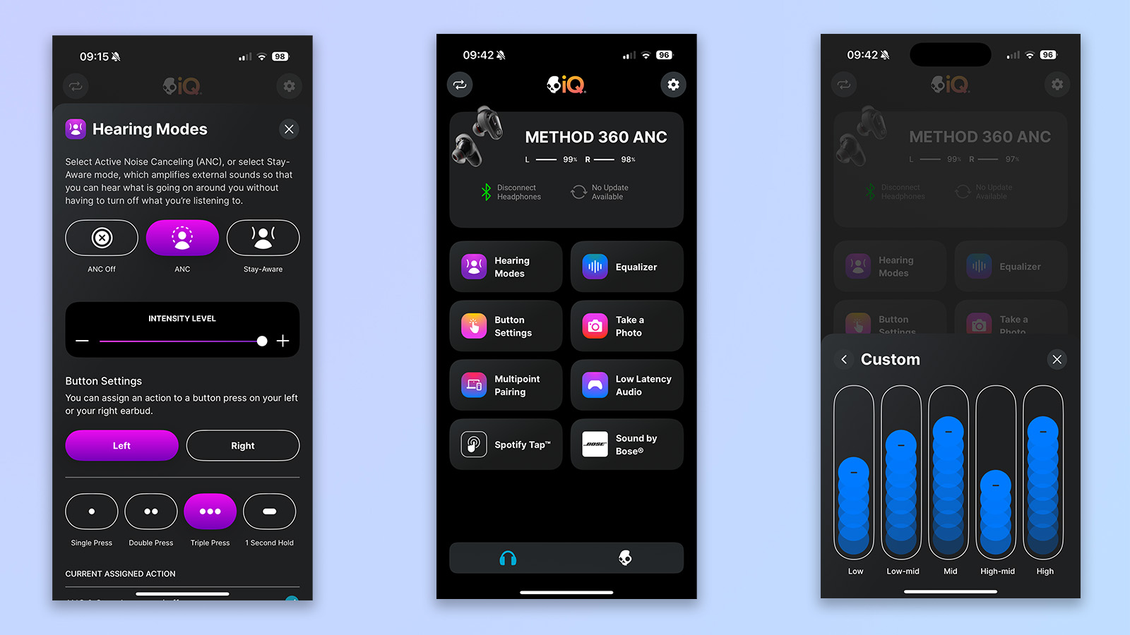 three screenshots from the skull-iq app showing in-app customization