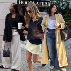 fashion collage of three style influencers including Taffy Msipa, Anne-Laure Mais, and Marina Torres wearing rich-looking outfits with a blazer blazer, belted trousers, polo sweater, lace-trim silk mini skirt, brown bags, trench coats, and jeans