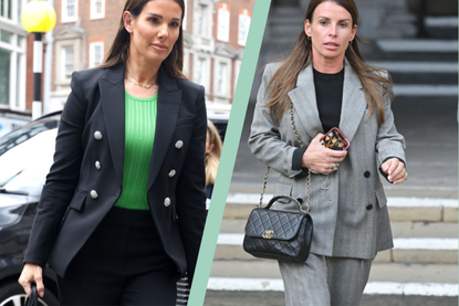 a side by side photo collage of Rebekah Vardy and Coleen Rooney at the Wagatha Christie trial in May 2022