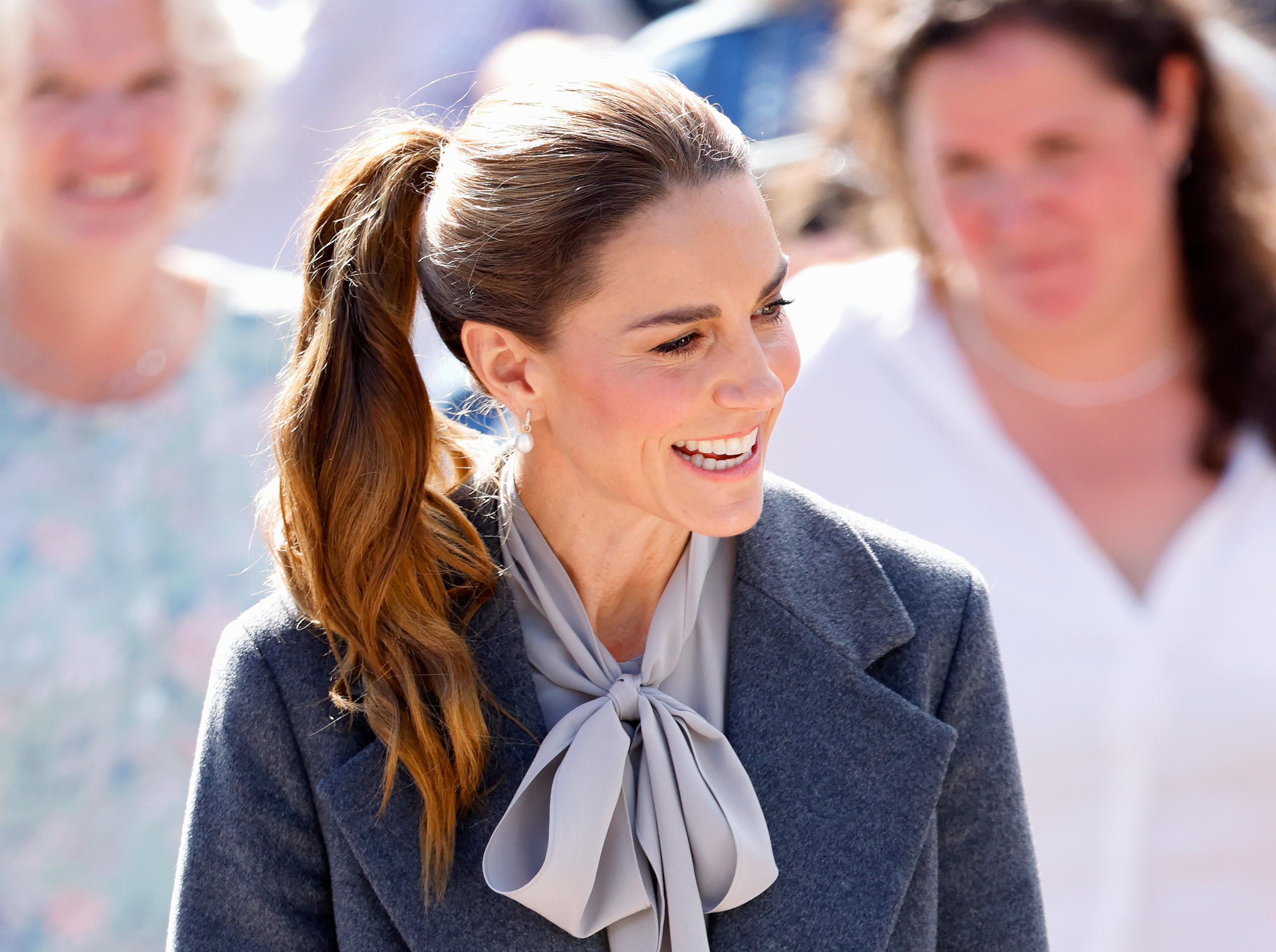 The Princess of Wales Kate Middleton wears her hair in a bouncy ponytail at Pulborough Village Hall after visiting to the West Sussex Minibus service on September 30, 2026 in Pulborough, England