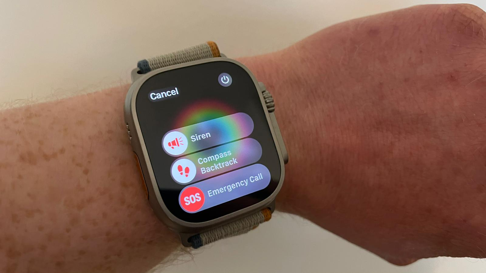The sliders displayed on the Apple Watch Ultra 2 after you hold the side or action buttons