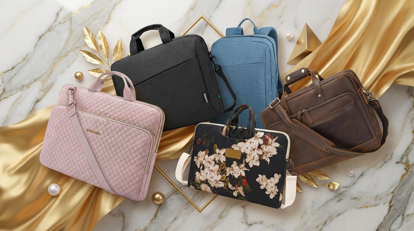 a collage of laptop bags on a luxurious golden background