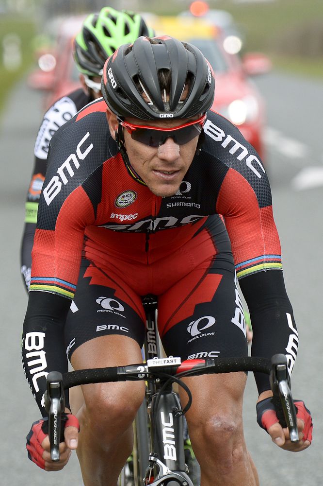 Belgium's Philippe Gilbert and France's Florian Vachon (hidden) ride in a breakaway.