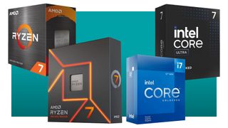 A collage of AMD and Intel CPU retail packaging images against a teal background with a white border
