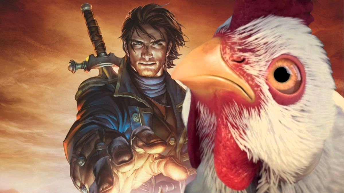 An illustration showing the hero of Fable 3 reaching for a chicken.