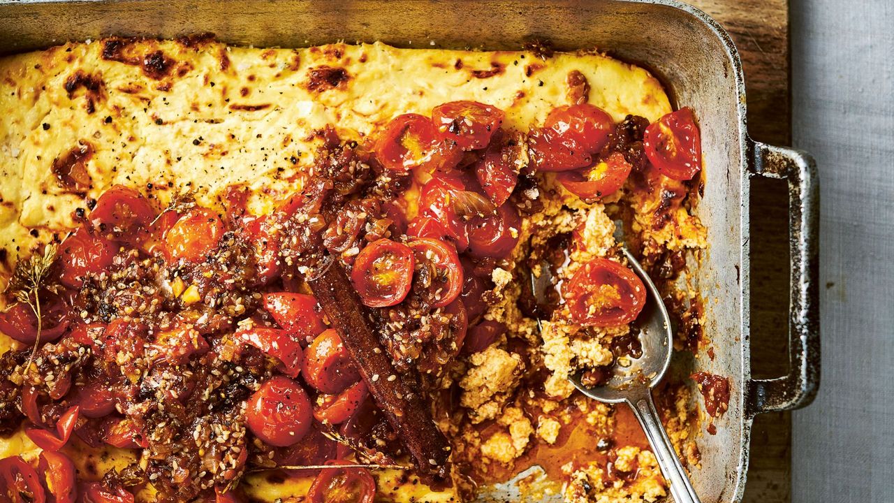 Baked ricotta with cherry tomatoes, chilli and sesame