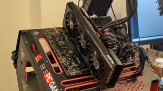 An AMD Radeon RX 7700 XT slotted into a test bench