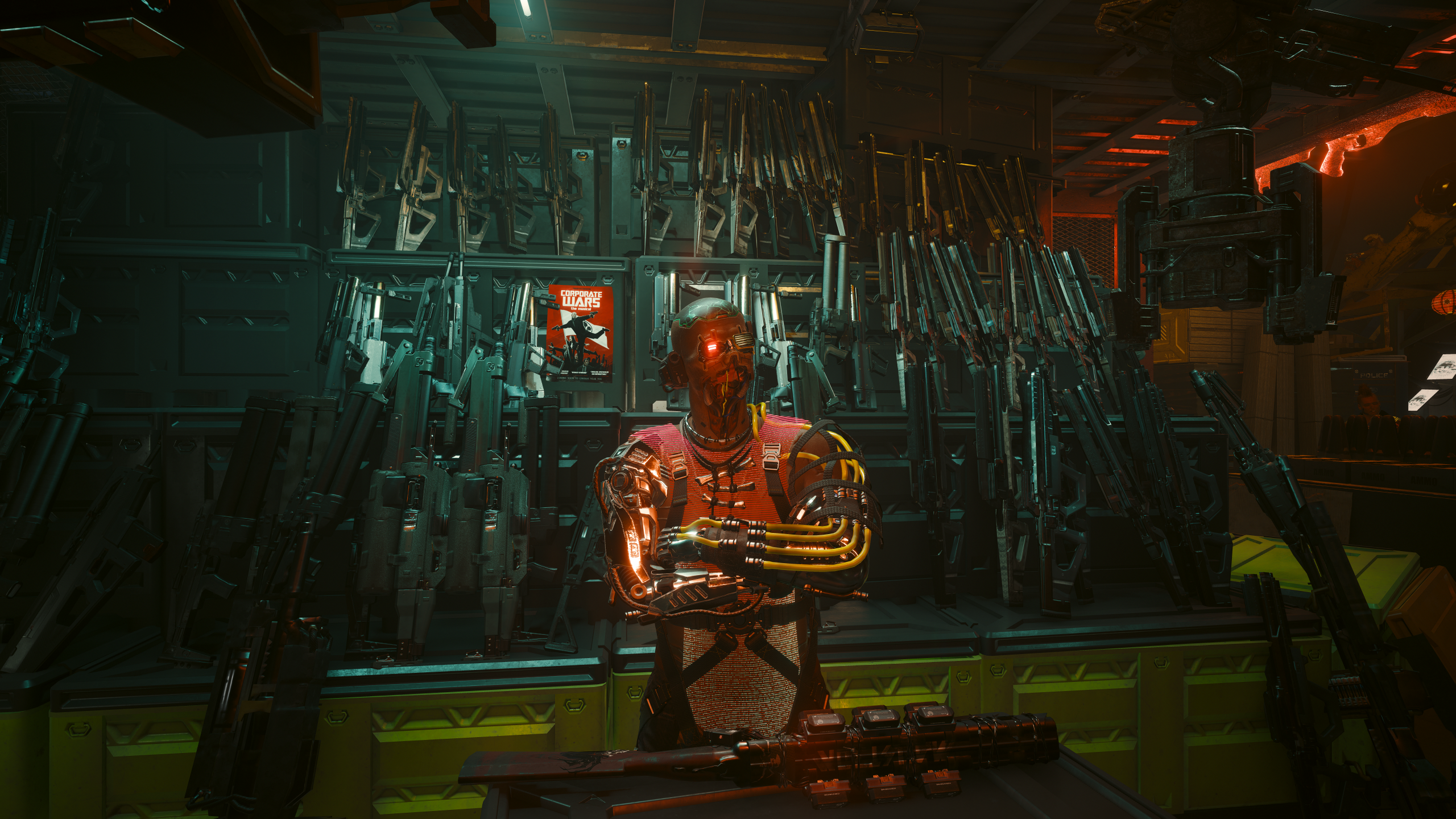 Cyberpunk merchant standing in front of row of weapons with visible damage and surgery on bionically altered face