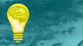 Illustration of human brain within a yellow light bulb on a blue background.