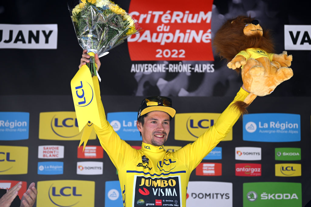 VAUJANY FRANCE JUNE 11 Primoz Roglic of Slovenia and Team Jumbo Visma celebrates at podium as Yellow Leader Jersey winner during the 74th Criterium du Dauphine 2022 Stage 7 a 1348km stage from SaintChaffrey to Vaujany 1230m WorldTour Dauphin on June 11 2022 in Vaujany France Photo by Dario BelingheriGetty Images