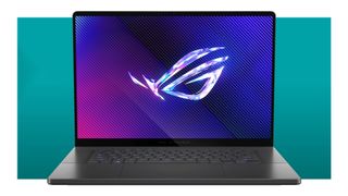 The Asus ROG Zephyrus G16 on a green deals background