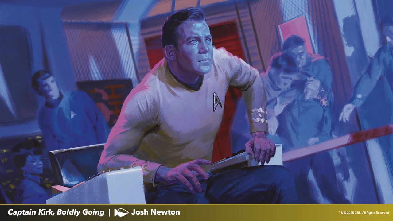 MTG Star Trek artwork featuring Captain Kirk on the bridge of the Enterprise