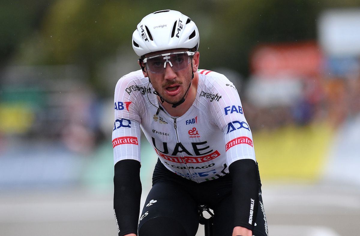 LA COLLE-SUR-LOUP, FRANCE - MARCH 08: Brandon Mcnulty of The United States and UAE Team Emirates crosses the finish line during the 82nd Paris - Nice 2024, Stage 6 a 198.2km stage from Sisteron to La Colle-sur-Loup / #UCIWT / on March 08, 2024 in La Colle-sur-Loup, France. (Photo by Alex Broadway/Getty Images)