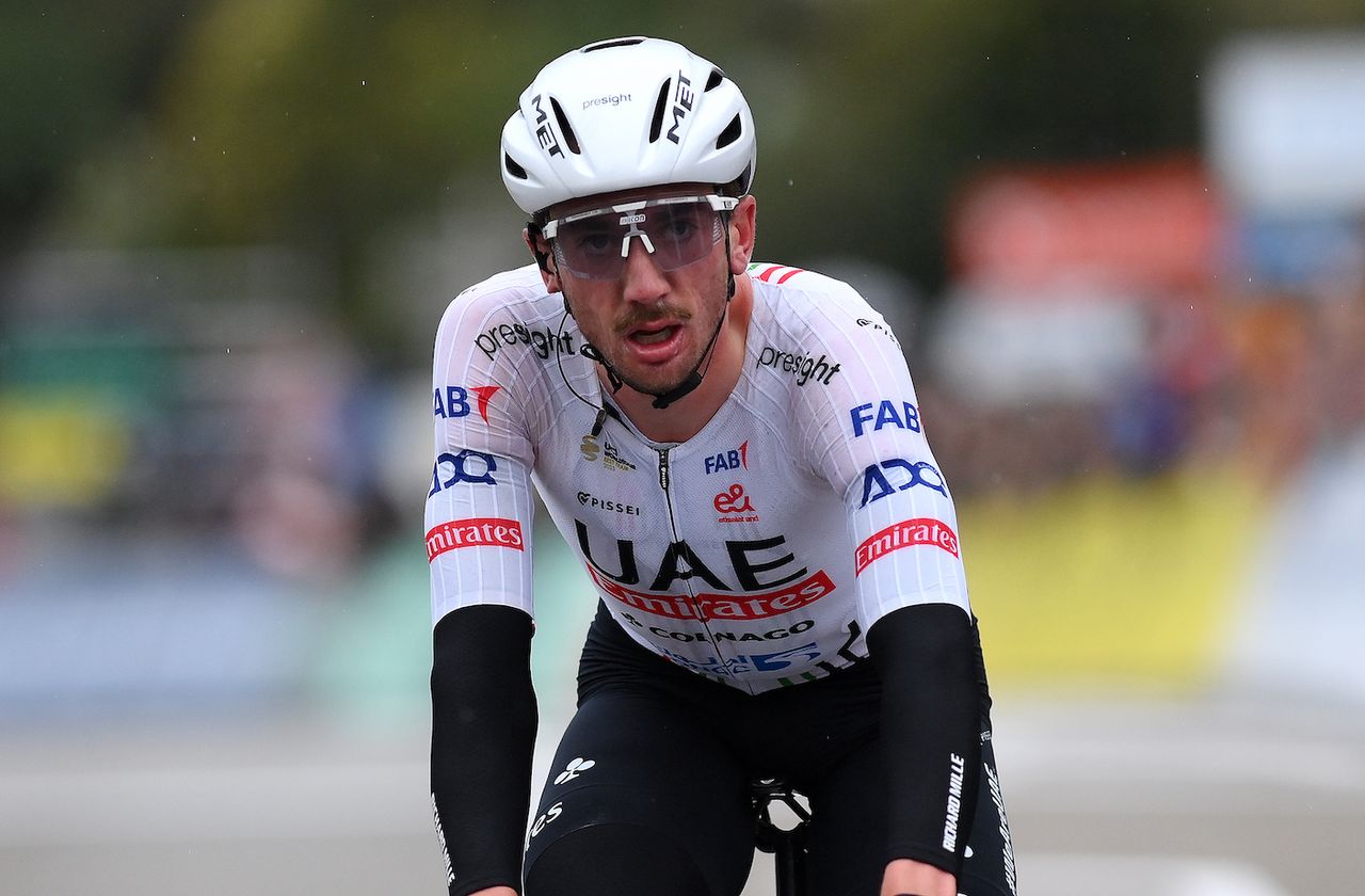 LA COLLE-SUR-LOUP, FRANCE - MARCH 08: Brandon Mcnulty of The United States and UAE Team Emirates crosses the finish line during the 82nd Paris - Nice 2024, Stage 6 a 198.2km stage from Sisteron to La Colle-sur-Loup / #UCIWT / on March 08, 2024 in La Colle-sur-Loup, France. (Photo by Alex Broadway/Getty Images)