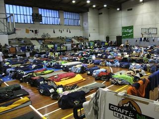 The Transalp camp at a local gymnasium in Trento. "Hey, who farted?"