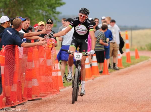 Ryan Trebon (Cannondale) celebrates his victory with the crowd