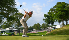 Lucas Glover hits a tee shot with a driver