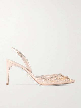 Crystal-Embellished Leather and Tulle Slingback Pumps