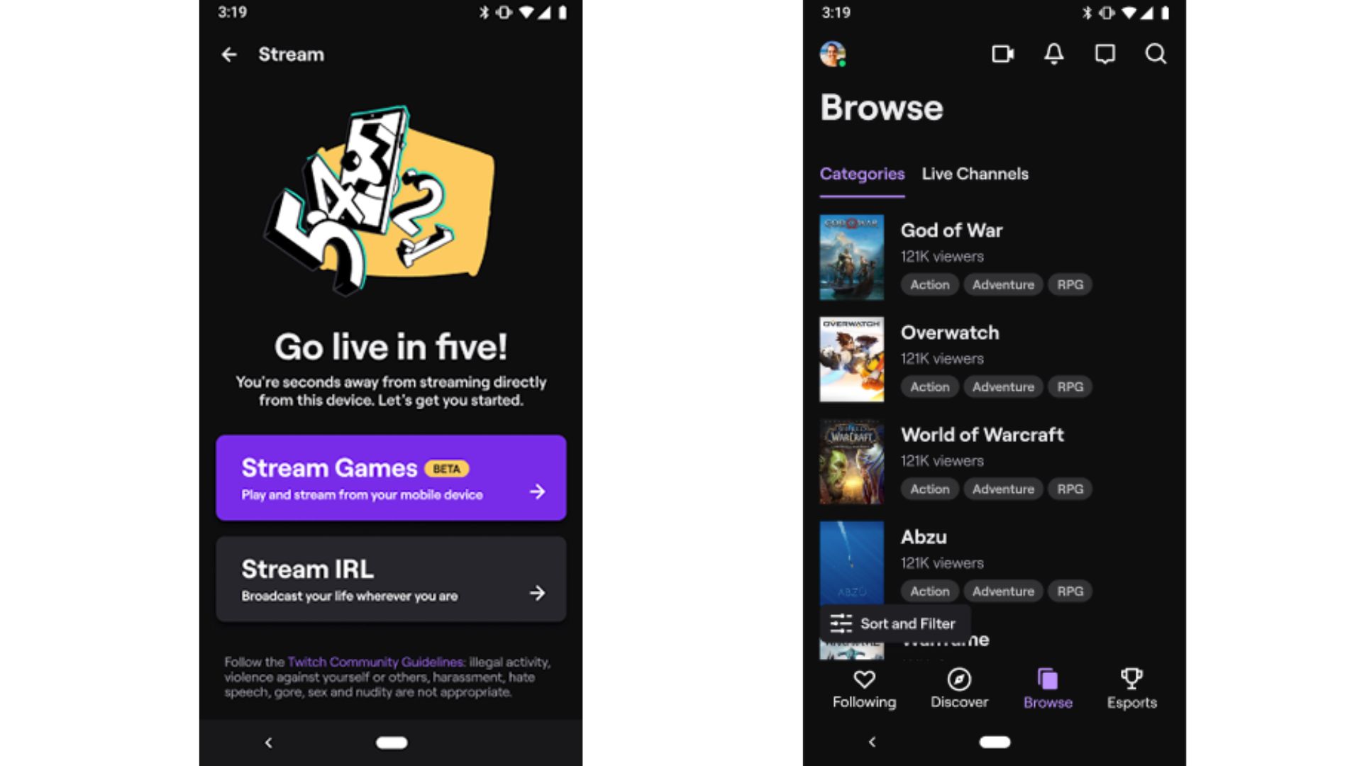 Screenshot of Twitch app for iOS.