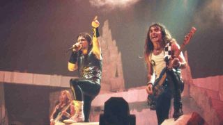 Iron Maiden’s Bruce Dickinson and Steve Harris performing onstage in 1988