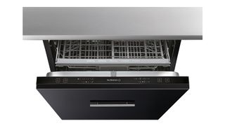 A dishwasher with door partly ajar