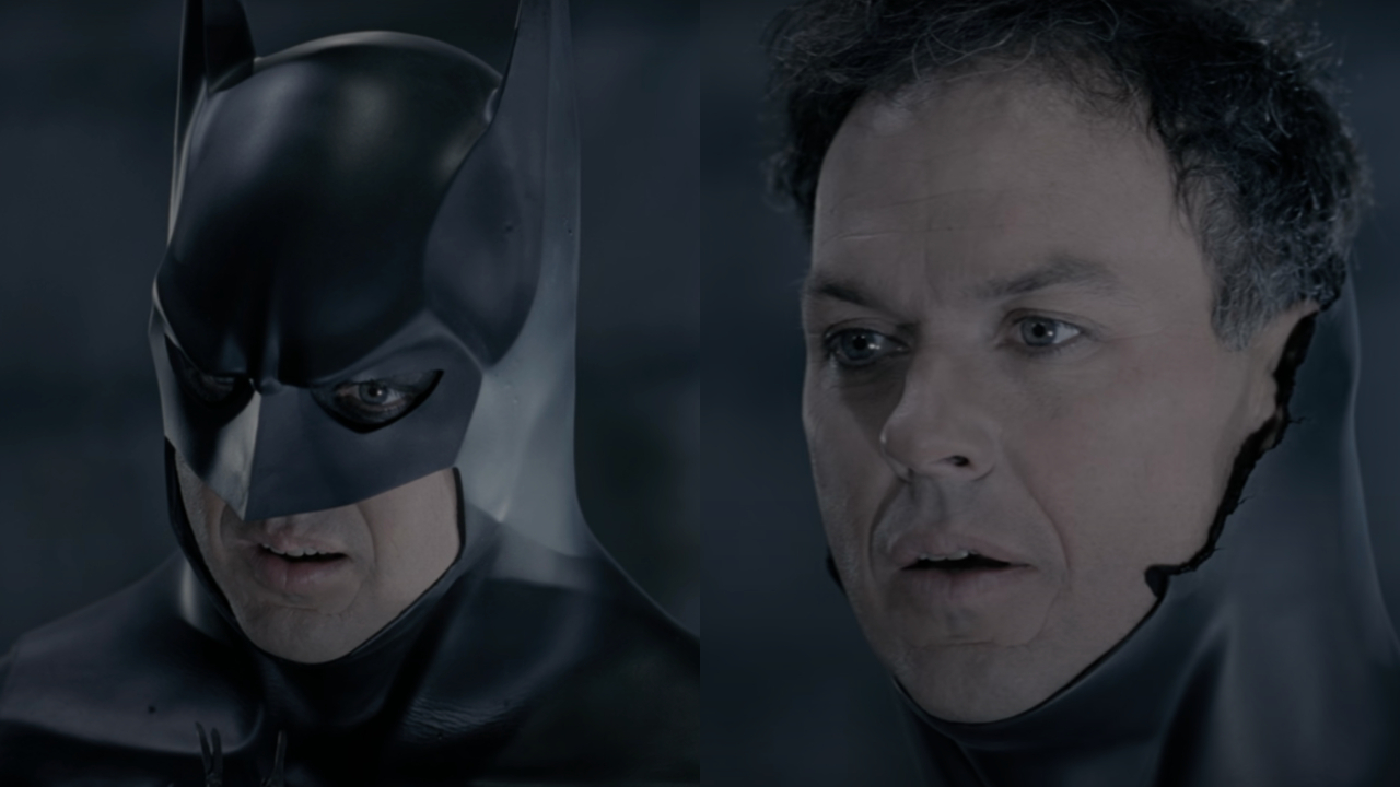 Michael Keaton as Batman with and without eye shadow in the same scene from Batman Returns